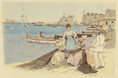 Ein Mann plaudert mit einer Gruppe von Frauen, die Fischernetze in der Stadt Villefranche, Frankreich, flicken (Farblithografie) von Maurice Charles Mathieu Bonvoisin