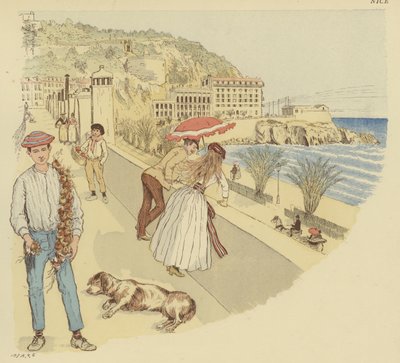 Ein Zwiebelhändler mit seinen Waren und Menschen, die die Terrasse zum Berg Rauba-Capeu, Nizza genießen von Maurice Charles Mathieu Bonvoisin