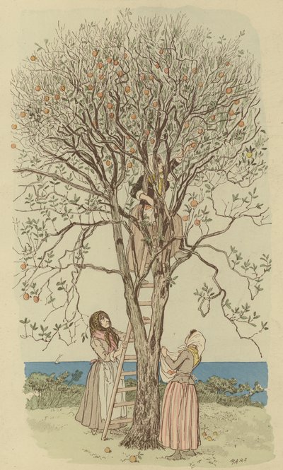 Orangenpflücken am Mittelmeer (Farblithografie) von Maurice Charles Mathieu Bonvoisin