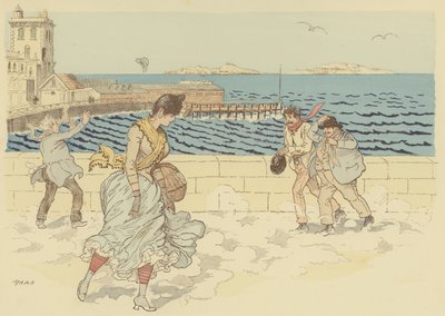 Der Mistral sorgt für einen windigen Tag auf der Promenade de la Corniche, Marseille, Frankreich (Farblithografie) von Maurice Charles Mathieu Bonvoisin