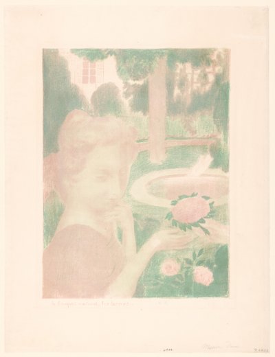 Junge Frau erhält Blumenstrauß in einem Garten von Maurice Denis