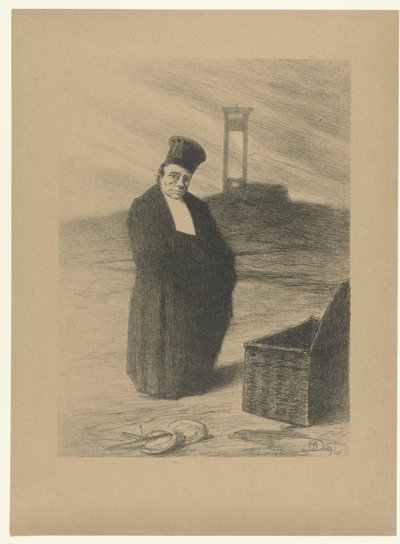 Richter vor Guillotine mit Korb und Waage Liebt einander Aimez-vous les uns les autres L