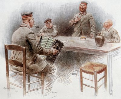 Gefangene spielen Akkordeon und singen im Gefangenenlager in Dinan von Maurice Henri Orange
