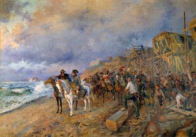 Der Erste Konsul Napoleon Bonaparte (1769-1821) besucht das Arsenal von Boulogne. Gemälde von Maurice Orange (1868-1916) 1804 von Maurice Henri Orange