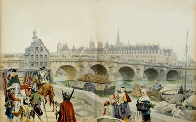 Geschichte Frankreichs: Verbannt ins Schloss von Blois durch seinen Sohn Ludwig XIII., verließ Marie de Medicis (1575-1642) und ihr Gefolge Paris im Jahr 1617. Illustration von Maurice Leloir (1853-1940) in „Richelieu“ von Maurice Leloir