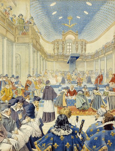 Richelieu hielt die Rede im Namen des Schreibers bei der Abschlussversammlung der Generalstände von 1614 - in „Richelieu“ von Maurice Leloir von Maurice Leloir