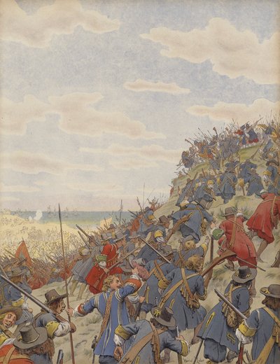 Die Schlacht der Dünen, die erste Position im Angriff auf die Spanier von Maurice Leloir