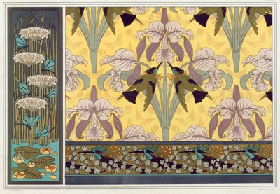 Entwurf für Tapetenbordüre, Stoff und Paneel: "Libellen; Seerosen und blühender Igelkolben", Kolibris und Orchideen" und Kolibris und Frauenhaarfarn" aus 