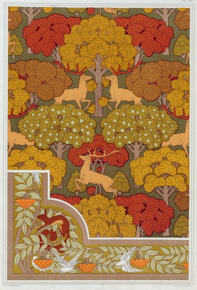 Entwürfe für Tapeten und Tapetenbordüre Hirsche in den Bäumen, veröffentlicht 1897 von Maurice Pillard Verneuil