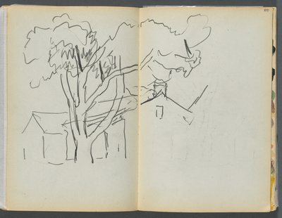 Skizzenbuch - Das Granite Shore Hotel, Rockport, Seite 106 & 107: Baum mit Häusern von Maurice Prendergast