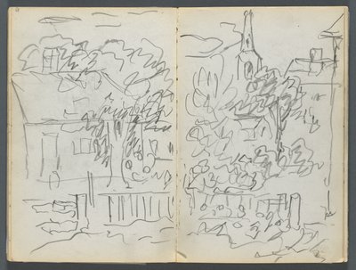 Skizzenbuch, The Dells, Nr. 127, Seite 084 & 85: Landschaft mit Häusern und Turm von Maurice Prendergast