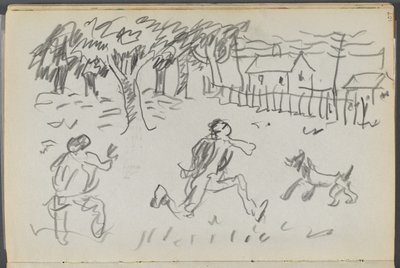 Skizzenbuch, The Dells, Nr. 127, Seite 107: Landschaft mit Figuren und Hund von Maurice Prendergast