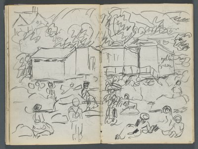 Skizzenbuch, Die Dells, Nr. 127, Seite 114 & 115: Landschaft mit Figuren und Gebäuden von Maurice Prendergast