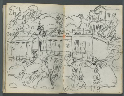 Skizzenbuch, The Dells, Nr. 127, Seite 146 & 147: Landschaft mit Figuren und Gebäuden von Maurice Prendergast