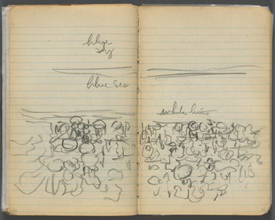 Skizzenbuch, Seite 046 & 47: Strandansicht mit Farbanmerkungen von Maurice Prendergast