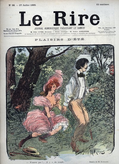 Sommervergnügen - Zwei Liebende werden in einem Wald von einem Passanten überrascht - Illustration von Maurice Radiguet (1866-1941) für die französische Zeitschrift Le Rire Nummer 38 von 1895 von Maurice Radiguet