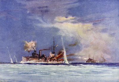 HMAS Sydney, kommandiert von Kapitän John Glossop, greift den deutschen Kreuzer Emden an, Schlacht von Cocos, 9. November 1914 von Maurice Randall