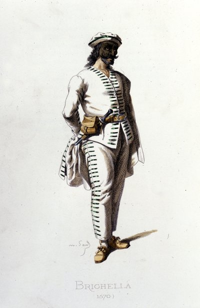 Brighellas Charakter im Jahr 1570. Maurice Sand „Masken und Narren“ Paris 19. Jahrhundert. (Maurice Sand war der Sohn von George Sand). von Maurice Sand