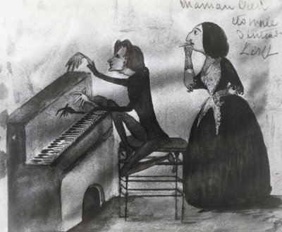 Karikatur von Franz Liszt und George Sand in Nohant, 1832 von Maurice Sand