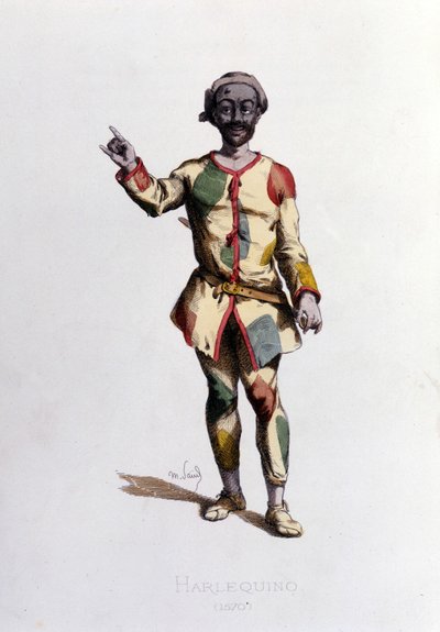 Harlekin im Jahr 1570. Maurice Sand „Masken und Narren“ Paris 19. Jahrhundert. (Maurice Sand war der Sohn von George Sand) von Maurice Sand