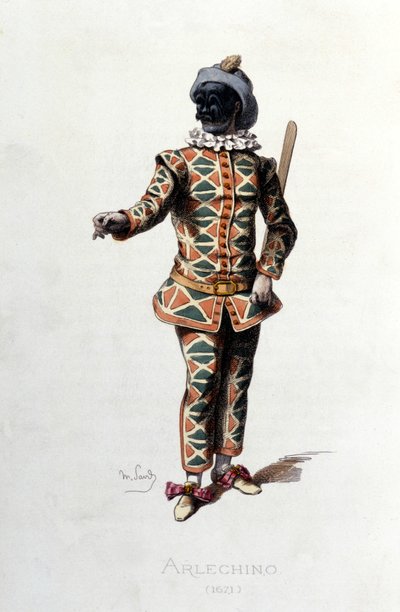 Harlekin im Jahr 1671. Maurice Sand „Masken und Narren“ Paris 19. Jahrhundert. (Maurice Sand war der Sohn von George Sand) von Maurice Sand