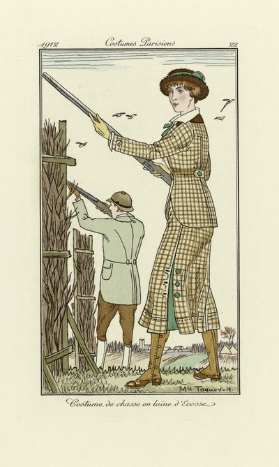 Entwurf für Damen-Tweed-Schießanzug, aus Costumes Parisien, veröffentlicht 1912 von Maurice Taquoy