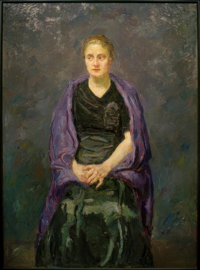 Bildnis Minna Beckmann-Tube mit violettem Schal von Max Beckmann
