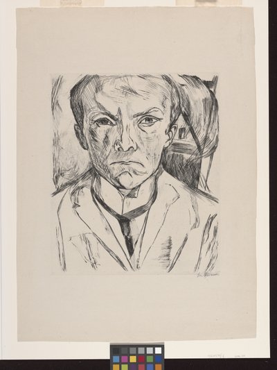 Frontal-Selbstporträt mit Hausgiebel im Hintergrund von Max Beckmann