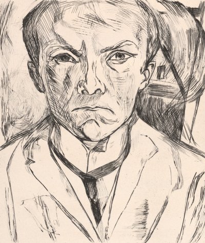 Selbstbildnis von vorn, im Hintergrund Hausgiebel von Max Beckmann