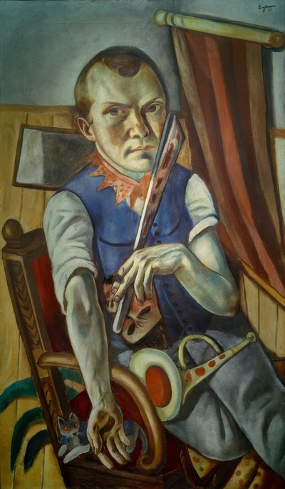Selbstbildnis mit Pritsche und Trompete (Selbstbildnis als Clown) von Max Beckmann
