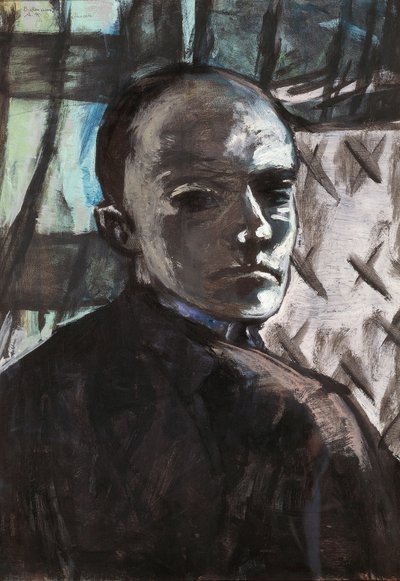 Selbstporträt mit grünem Vorhang von Max Beckmann