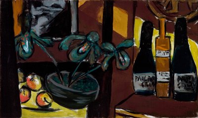 Stillleben in Braun und Gelb (Champagnerflaschen und Orchideen) von Max Beckmann