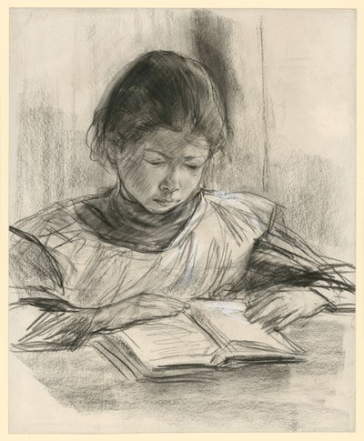 Porträt der Tochter des Künstlers. Brustbild en face am Tisch und lesend von Max Liebermann