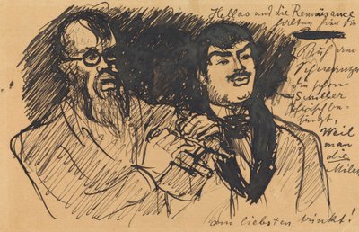 Drei Lenbach-Karikaturen: a) Brustbild; b) Ganzfigur; c) zusammen mit Stuck von Max Slevogt