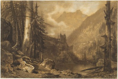 Alpenschloss über einem bewaldeten See von Maxime Lalanne