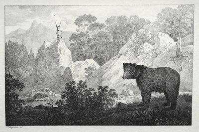 Gebirgslandschaft mit Bär im Vordergrund von Maximilian Josef Wagenbauer