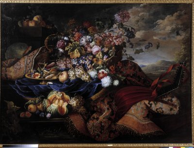 Obstkorb, Blumen und Laute auf Teppich von Maximilian Pfeiler or Pfeiller
