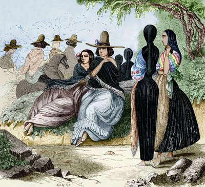 Frauen aus Lima in Peru, Gravur aus Radiguets Reise in Lima in den 1840er Jahren, koloriertes Dokument von Maximilien Radiguet