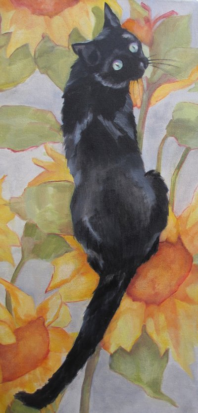 Schwarze Katze unter Sonnenblumen von Maxine Shore