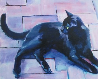 Schwarze Katze, lila Boden von Maxine Shore