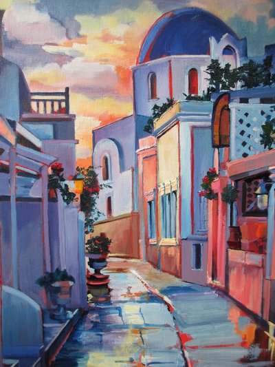 Santorini Sonnenuntergangsstraße von Maxine Shore