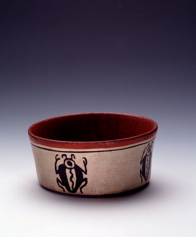 Präkolumbianische Kunst, Maya-Zivilisation, klassische Periode: Schale aus polychromem Ton, dekoriert mit schwarzen Käfern. Aus Peten, Guatemala von Mayan Mayan