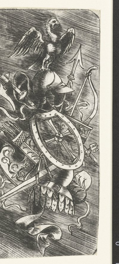 Adler auf Waffentrophäen mit verschiedenen Waffen von Meester van 1515