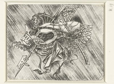 Waffentrophäen darunter Harnisch und Helm und Hellebarde von Meester van 1515