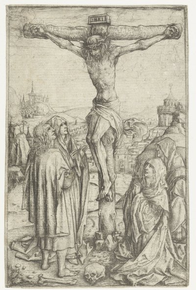 Die Kreuzigung mit Maria und dem Heiligen Johannes und zwei heiligen Frauen von Meester van het Amsterdamse Kabinet