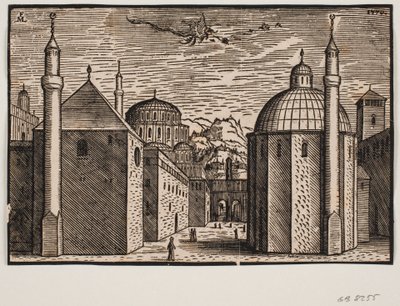3 Moscheen, jede mit 1 Minarett; am Himmel ein fliegender Drache mit langem Schwanz von Melchior Lorck