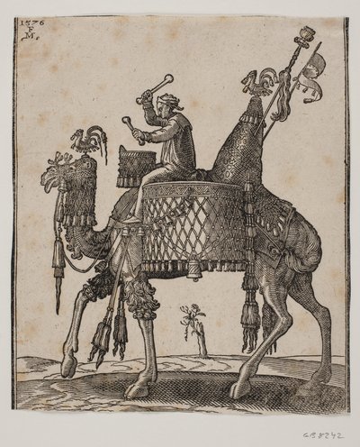 Ein prächtig ausgestatteter Dromedar mit einem Pauker als Reiter von Melchior Lorck