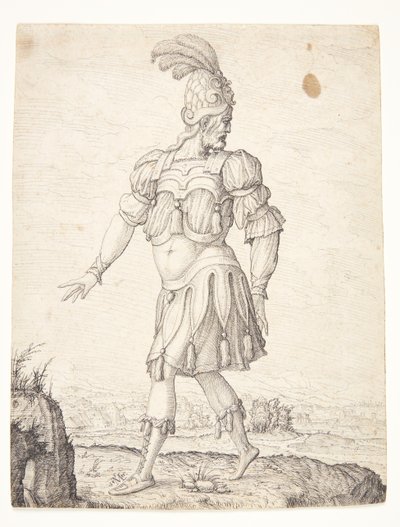 Ein Mann in römischer Kleidung, der auf eine Quelle zeigt von Melchior Lorck