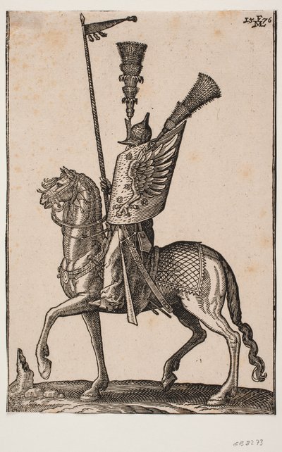 Berittener Soldat, Profil nach links; Lanze mit Wimpel, Metallhelm mit sehr hohem Federbusch, Schild mit Adlerflügel und ein weiterer hoher Federbusch von Melchior Lorck