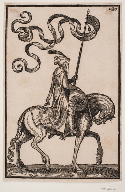Berittener Standartenträger, Profil nach rechts; die Standarte ist zweizipfelig, der Reiter unbewaffnet, vor ihm auf dem Pferderücken ein wurstförmiger Gepäcksack von Melchior Lorck